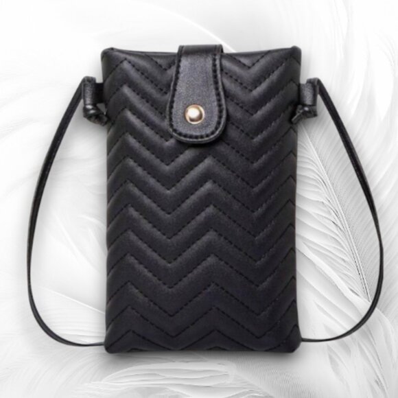 New Black Quilted Crossbody Mini Bag with Chevron Pattern - Picture 1 of 6